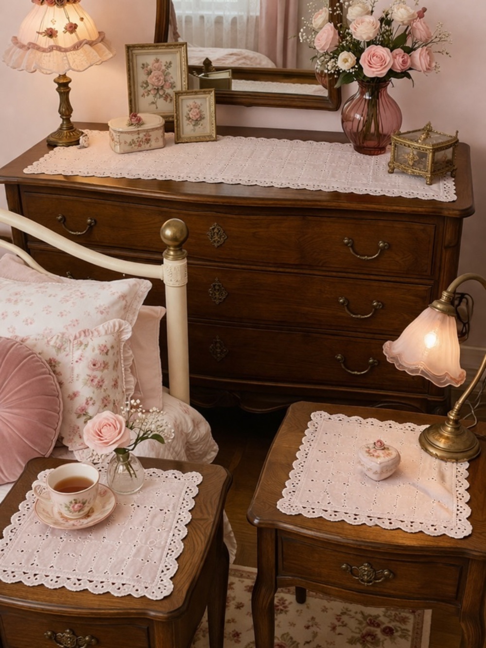 Vintage Pink Eyelet Side Table and Bureau Protector Doilies